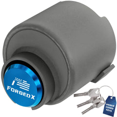 FORGEDX front view of blue trailer lock showing secure design and deterrent benefit