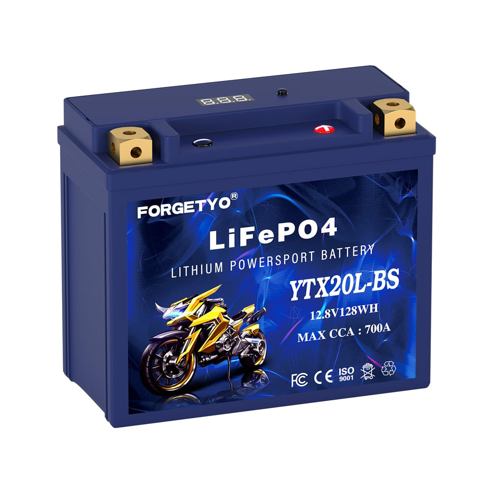 Forgetyo front view of battery showing label and compact benefit of lighter weight