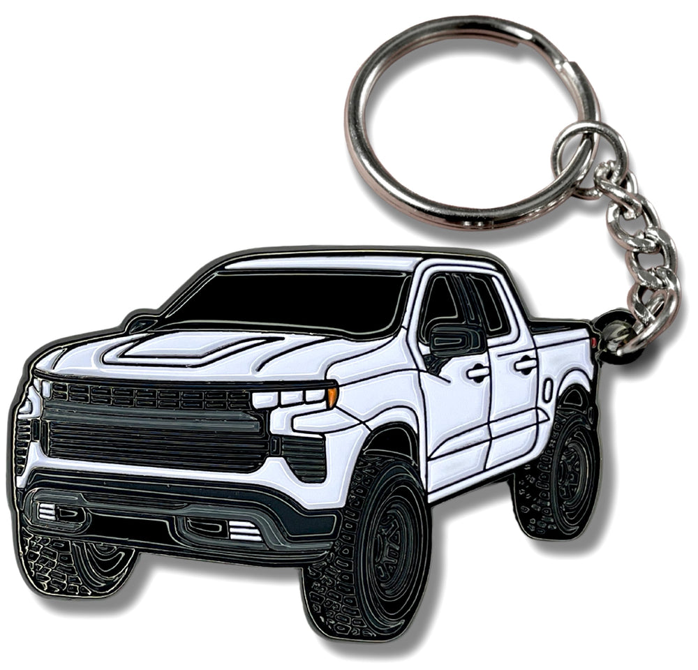 FOUR WHEEL BEAST front view white keychain showing clear truck silhouette and durable finish