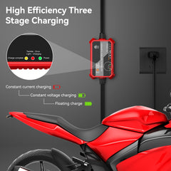 FOVAL alligator clip connected to battery terminal demonstrating safe, secure charging