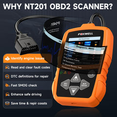 FOXWELL NT201 close-up display showing error code text for fast fault identification
