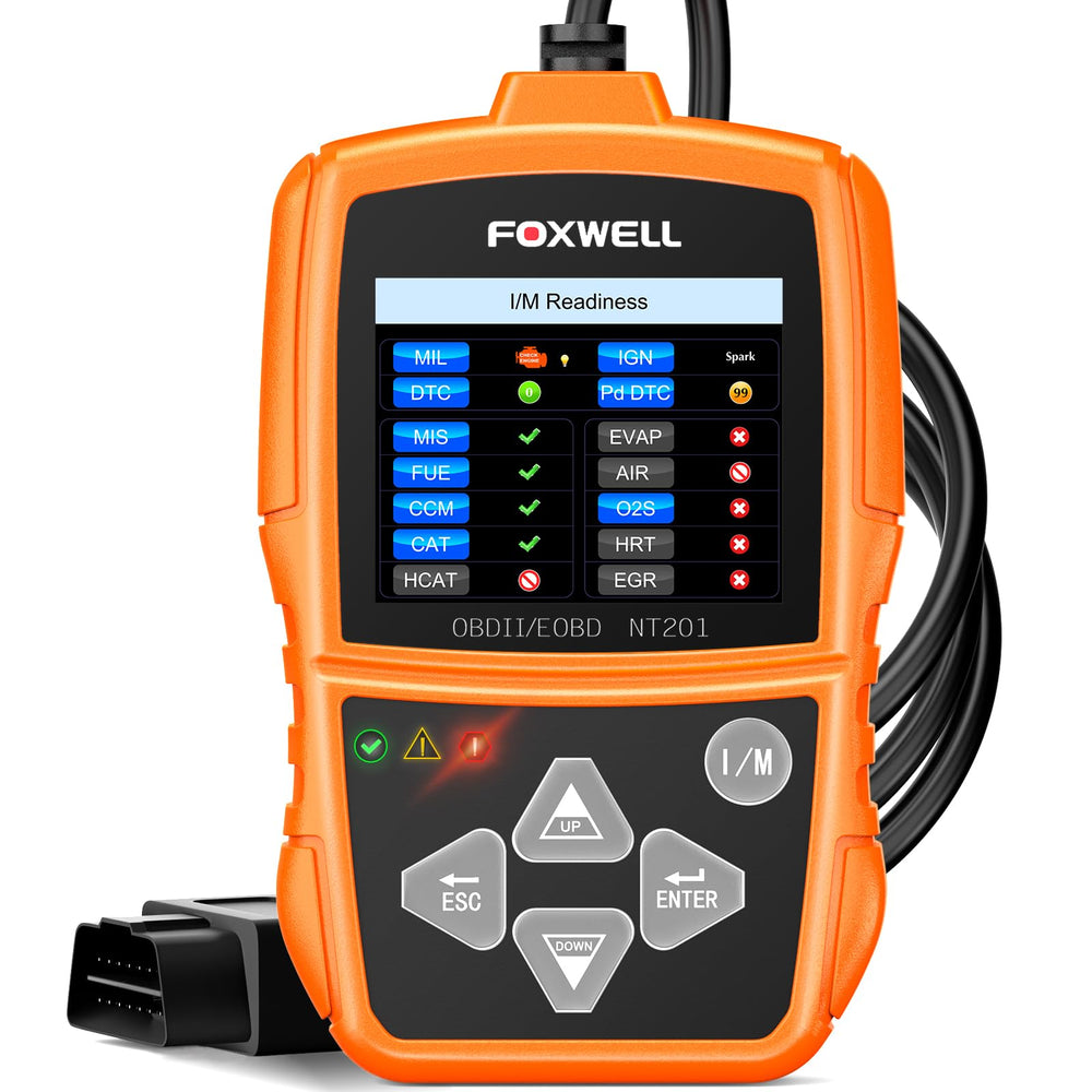 FOXWELL NT201 front view showing compact handheld design and ports for quick diagnostics
