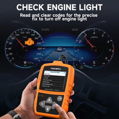 FOXWELL NT201 plugged into a car OBD2 port for immediate check engine diagnostics