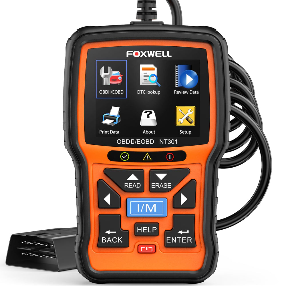 FOXWELL NT301 front view showing rugged housing and bright screen for easy diagnostics