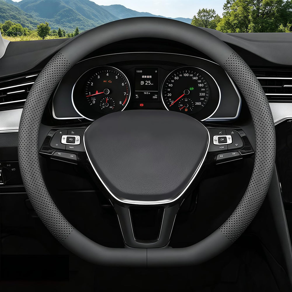 FQMY front view of black steering wheel cover showing sleek fit and style