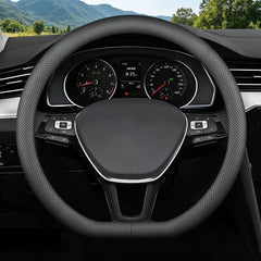 FQMY front view of black steering wheel cover showing sleek fit and style