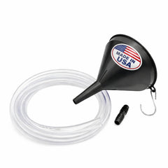 Franks Funnels front view showing funnel and 4-foot hose, prevents messy spills