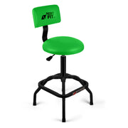 FreekyFit green shop stool front view showing sturdy base and padded seat for reliable support