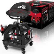 FreekyFit front view of rolling shop stool showing compact profile and swivel benefit