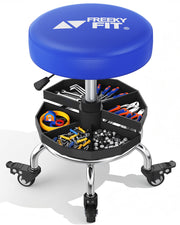 FreekyFit front view of blue rolling shop stool showing compact design and mobility