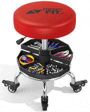 FreekyFit front view of red rolling shop stool showing compact design and stability