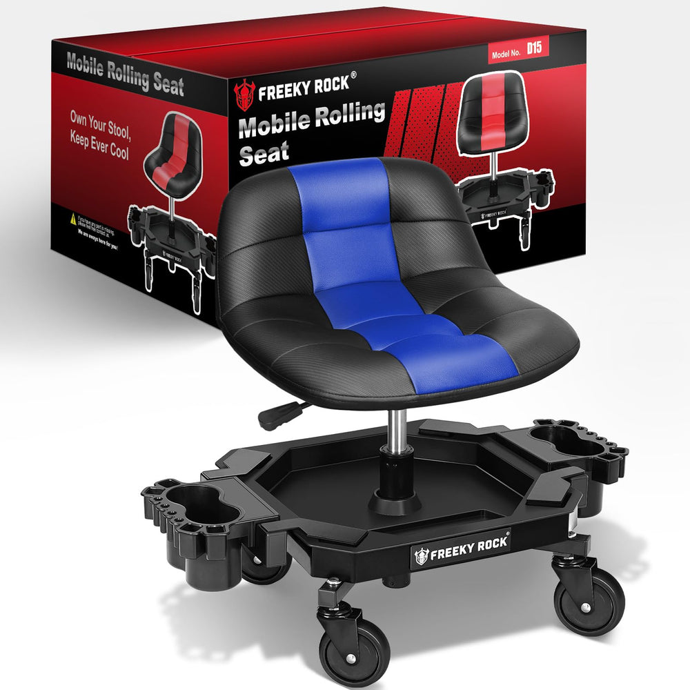 FREEKYROCK front view showing full rolling stool and tool tray, improved workflow