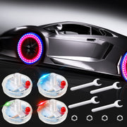 Frienda front view of four valve cap lights showing included wrench and box benefit: easy install