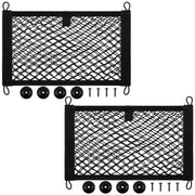 Frienda front view of two cargo nets showing compact packaging and included hardware benefit: easy storage