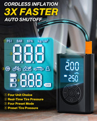 FRIWOLE cordless inflator closeup with nozzle highlighting fast inflation