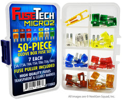 FuseTech color-coded micro2 fuses arranged by amperage for easy selection