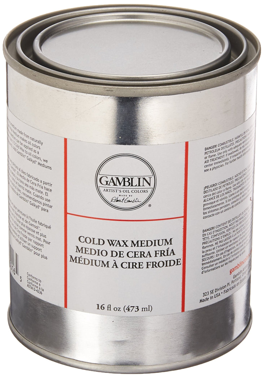 Gamblin cold wax medium front container showing label and 16 oz size benefits texture control