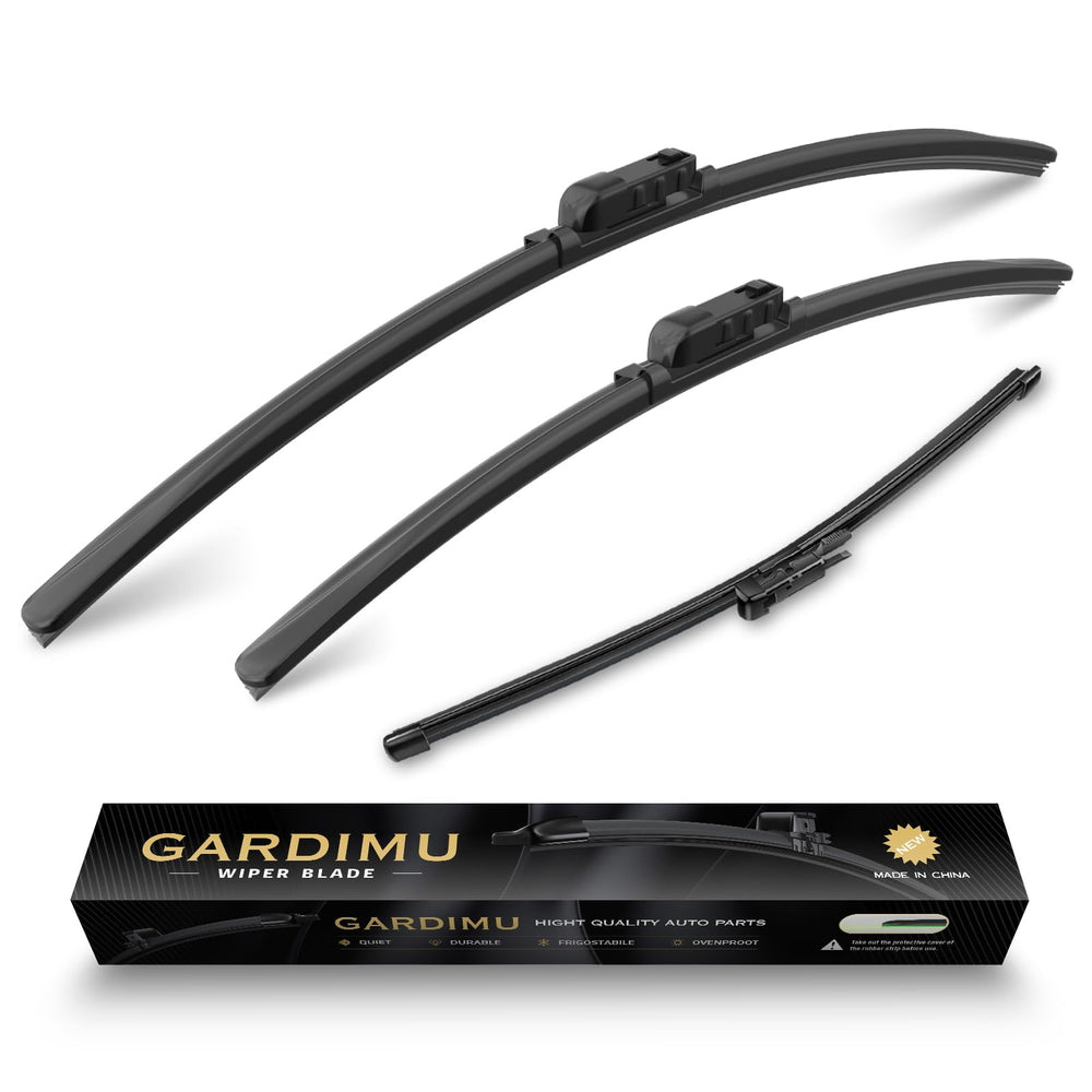GARDIMU front wiper blade packaging showing complete 3-piece kit and benefits