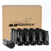 GAsupply front view of 20-piece black lug nut kit with key, shows organized packaging and benefits of full set
