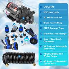 GCKAE coiled UV-resistant hose and two multi-pattern nozzles for versatile washdown use