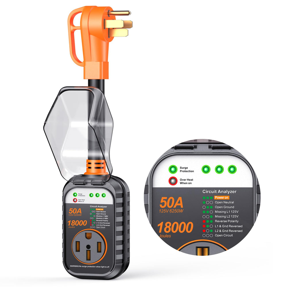 GEARGO front view of 50A surge protector showing plug and housing protecting RV power
