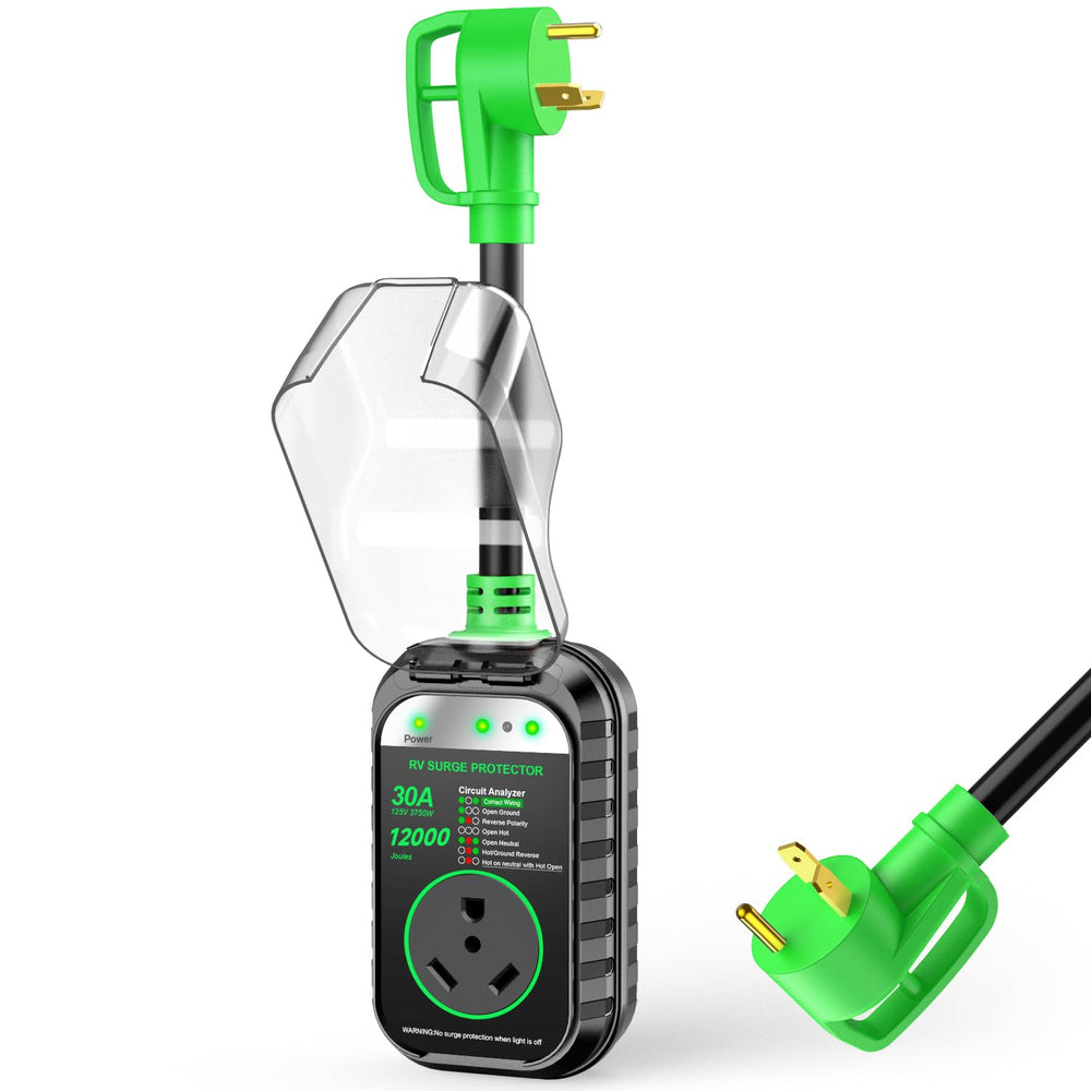 GEARGO front view showing 30A surge protector and analyzer, protects electronics