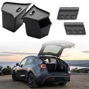 GEEDAR front view showing Model Y Juniper trunk bins and seamless lids for neat storage