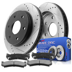 Geekstop front kit packaging showing rotors and pads and clear fit information