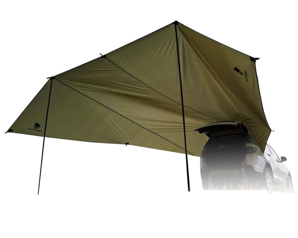 GEERTOP front view of awning attached to vehicle showing shaded area benefit
