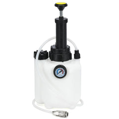 Generic brand clear 1L collection bottle capturing old brake fluid for safe disposal