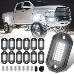 Generic front view of 12 LED rock lights highlighting full kit benefits