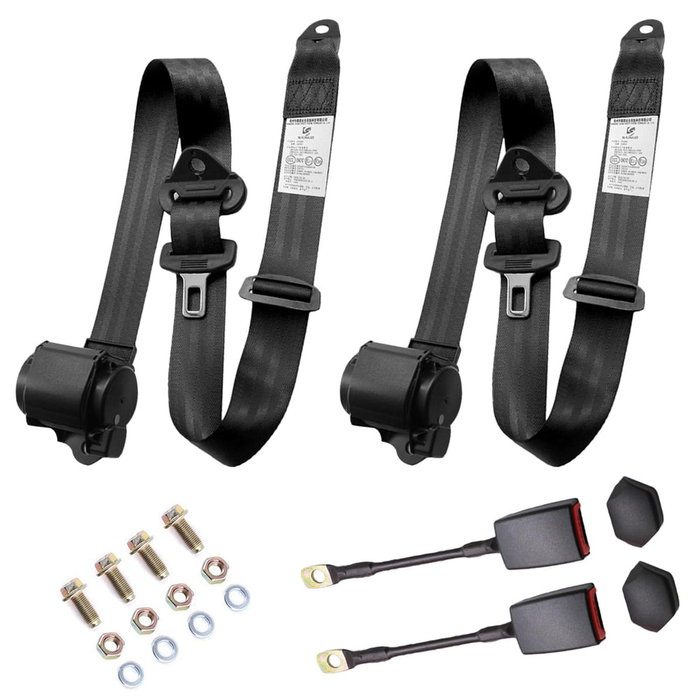 Generic front view of belt pair showing compact retractor and buckle benefits