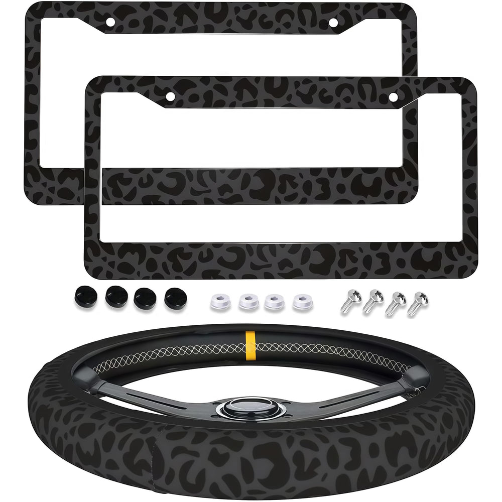 Generic brand front view of two leopard print license plate frames showing durable finish and curb appeal