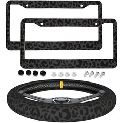 Generic brand front view of two leopard print license plate frames showing durable finish and curb appeal