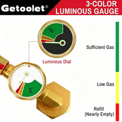 Getoolet gauge dial lit at night showing easy-to-read colors for quick fill estimates