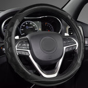 GIANT PANDA front view of black steering wheel cover showing fit and style