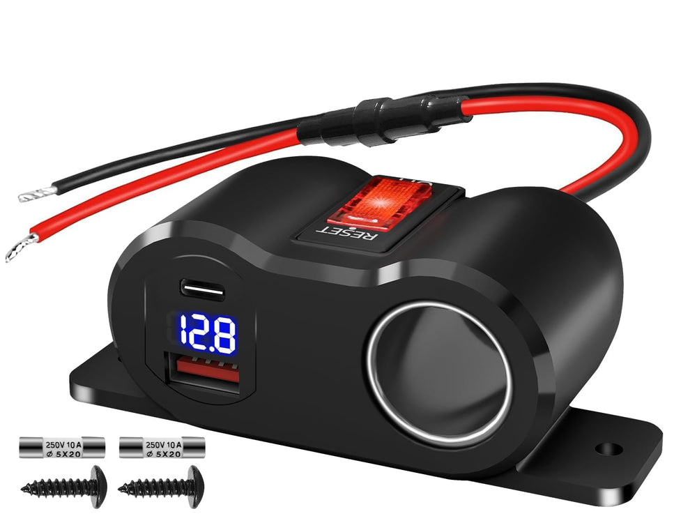 Gibbab front view of 120W splitter showing three outputs and plug, tidy power expansion
