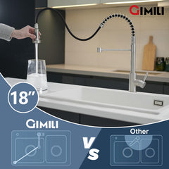 GIMILI pull-down hose extended demonstrating full sink reach and flexible rinsing
