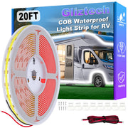 Gliztech front packaging showing full awning light kit and contents, clear setup benefit