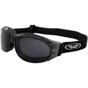 Global Vision front view of goggles showing sleek black frame and smoke lens for clear vision