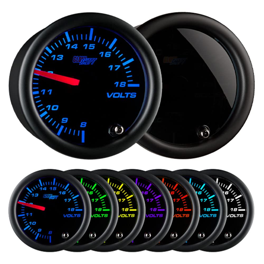 GlowShift volt gauge front view showing clear dial and illuminated needle for fast reading