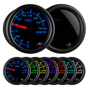 GlowShift volt gauge front view showing clear dial and illuminated needle for fast reading