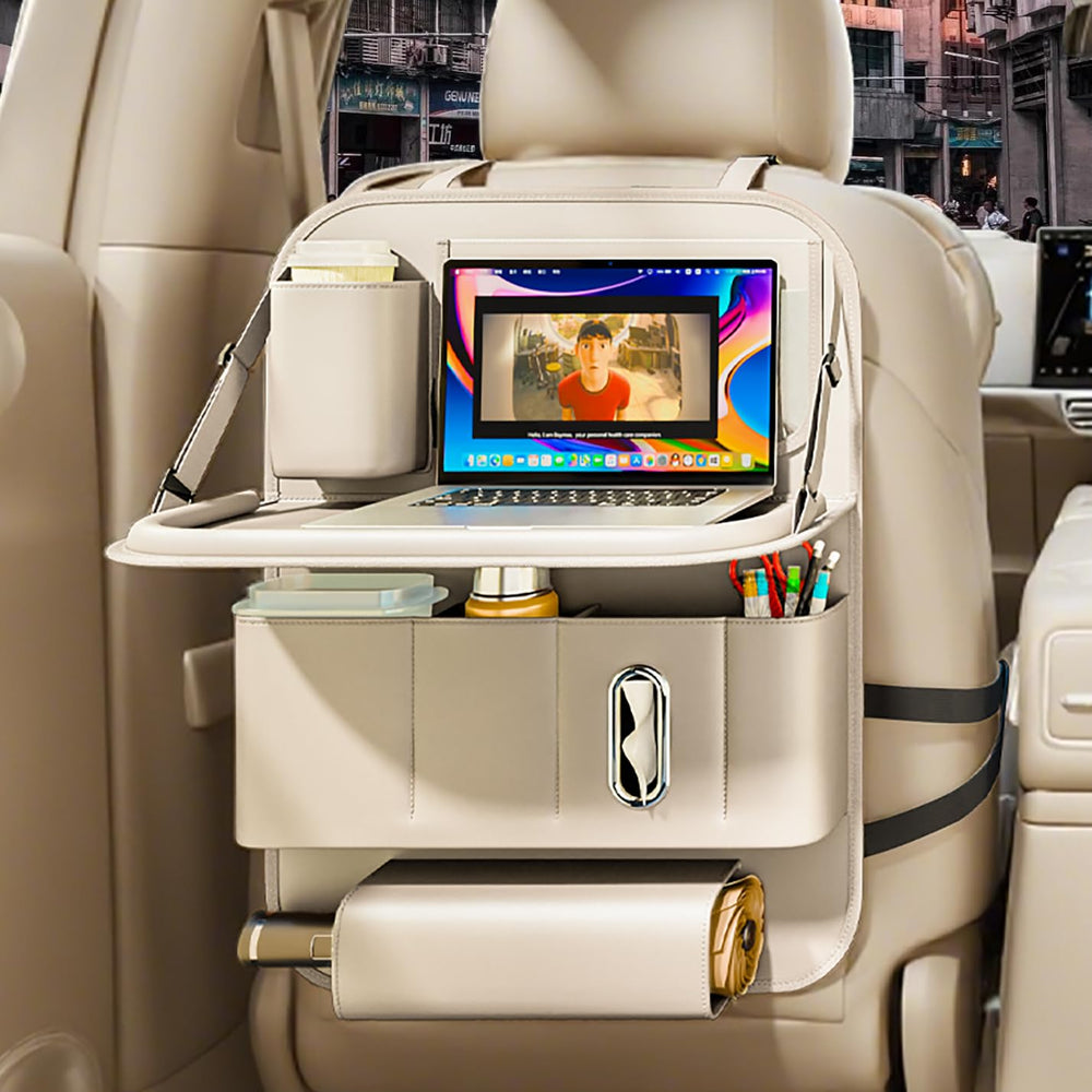 GMQ front view of beige backseat organizer showing neat storage and easy access