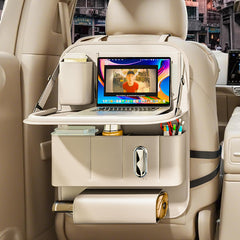 GMQ front view of beige backseat organizer showing neat storage and easy access