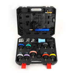 Gnhydxfe front packaging showing full 18-piece radiator tester kit and case, ready for use