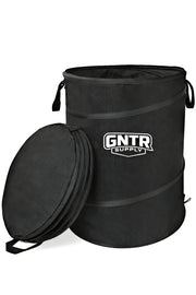 GNTR Supply front view of pop-up trash can showing full capacity and stability benefit