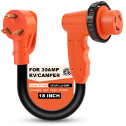 Gociean front view of 30A adapter showing compact dogbone design and secure outlet benefit