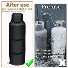 GoldenRaindrop cover installed on 100 lb tank showing correct fit and scale