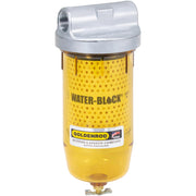 Goldenrod front view of water block fuel filter showing robust zinc top and fittings for durable installation