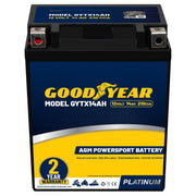 Goodyear GYTX14AH front view showing compact case and polarity markings for easy installation